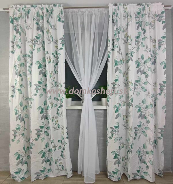 Biele závesy LINDA so zeleným vzorom - 2 x 145 x 250 cm